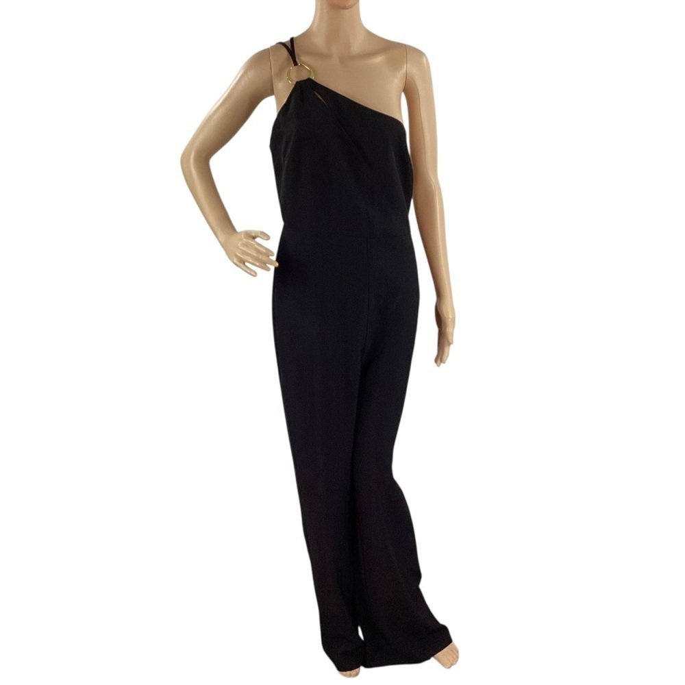 Line & Dot Vaughn One Shoulder Black Jumpsuit Ring Detail Size L